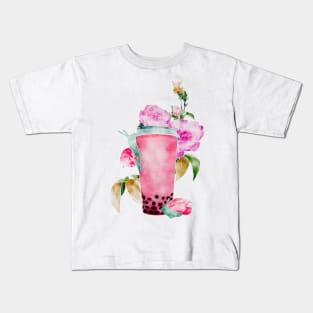 Slow Boba Strawberry Milk Tea Modern Watercolor Kids T-Shirt